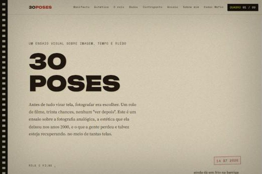 Tela inicial do site 30 Poses, com o título em letras grandes e a borda de filme 35mm